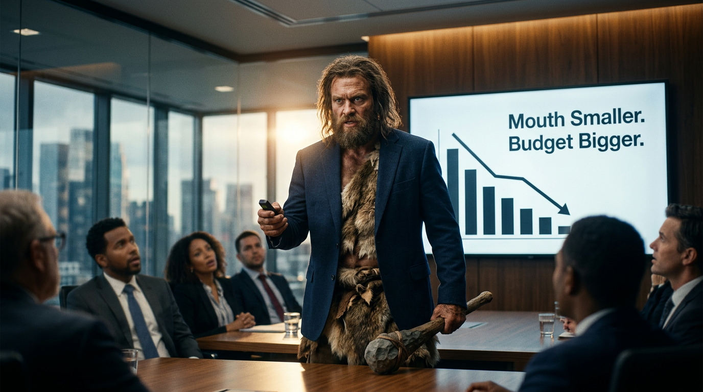 A caveman in a boardroom, illustrating The Caveman Skill prompt engineering article